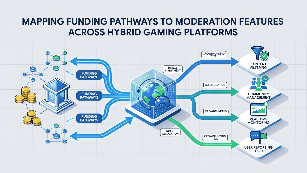 Flowchart illustrating regional funding routes to moderation features on hybrid platforms